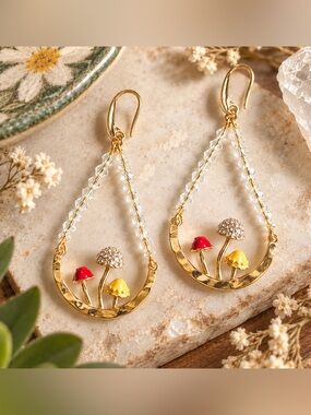 2/$30🌵 Mushroom Earrings Cottagecore Woodland Trendy Jewelry Gold Fairy Bead
